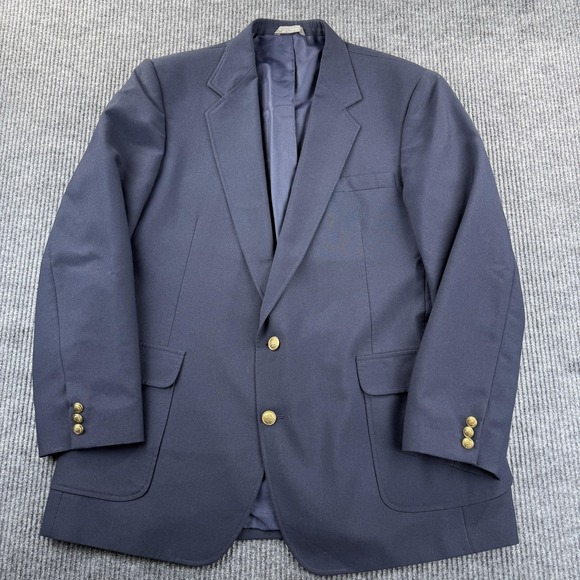 Haggar Blazer Mens 46L Navy Blue Wool Blend Two Button Sport Coat Gold Buttons - Picture 1 of 14